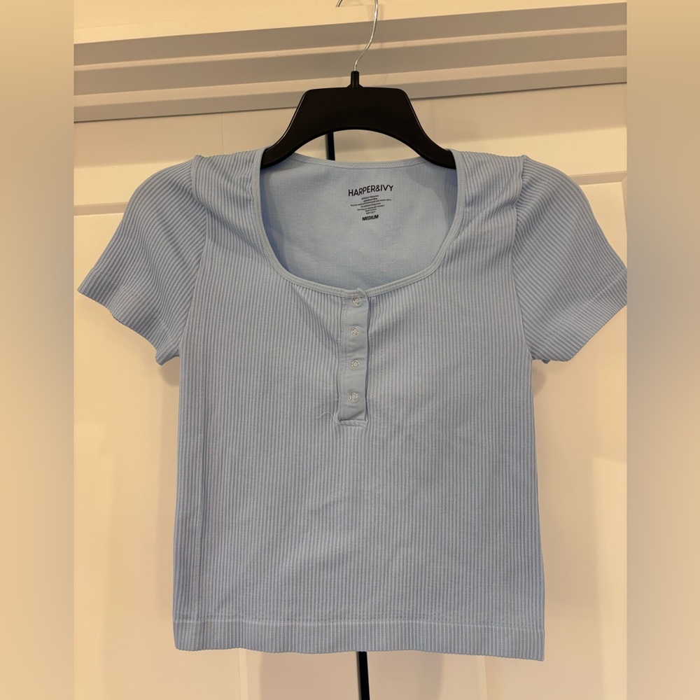 Harper Light Blue Ribbed Scoop Neck Henley